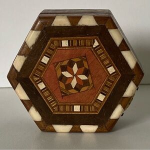 Vintage Wooden Marquetry Box Mosaic Inlay Octagon Jewelry Trinket Brown Spain